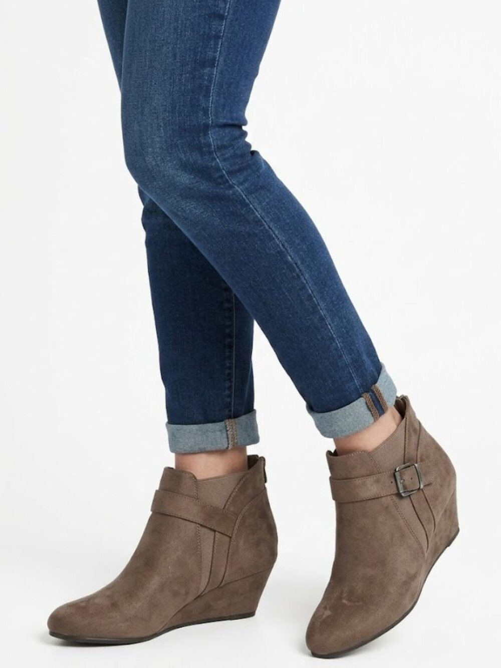 Marbella Twee Faux Suede Wedge Ankle Boots Tan Buckle Strap Size 11M